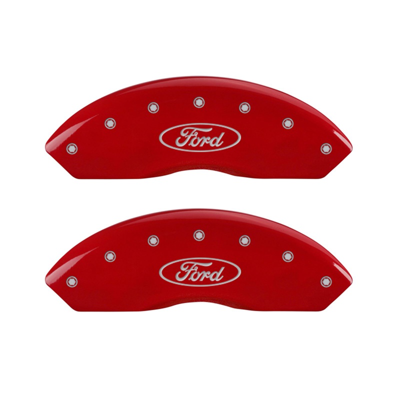 Front set 2 caliper covers, Engraved Front: Oval logo/Ford, Red powder coat finish, silver characters.