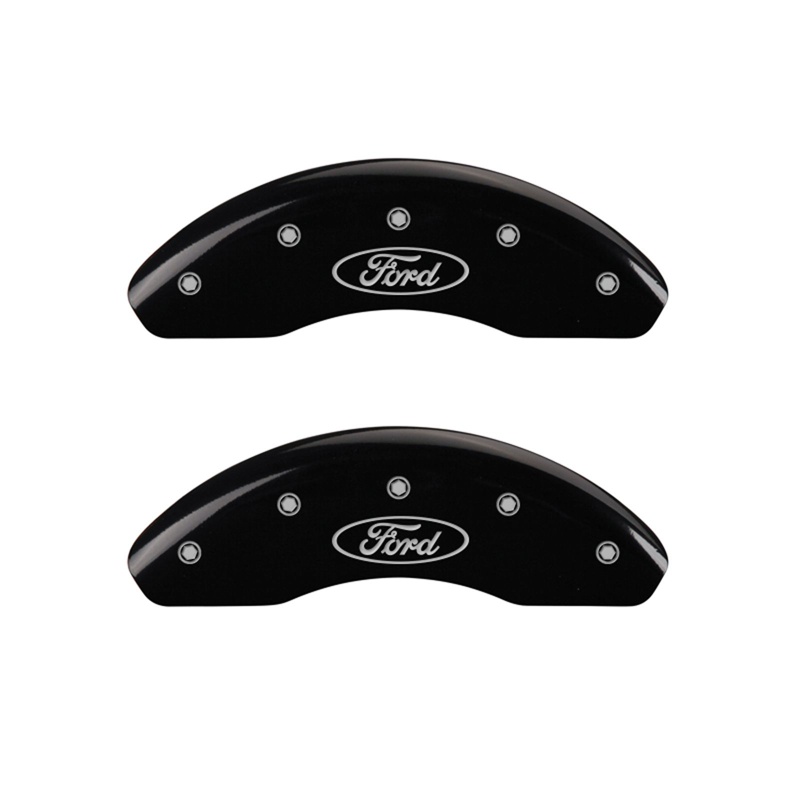 Front set 2 caliper covers, Engraved Front: Oval logo/Ford, Black powder coat finish, silver characters.