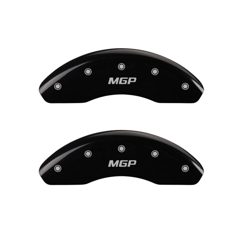 Front set 2 caliper covers, Engraved Front: MGP, Black powder coat finish, silver characters.