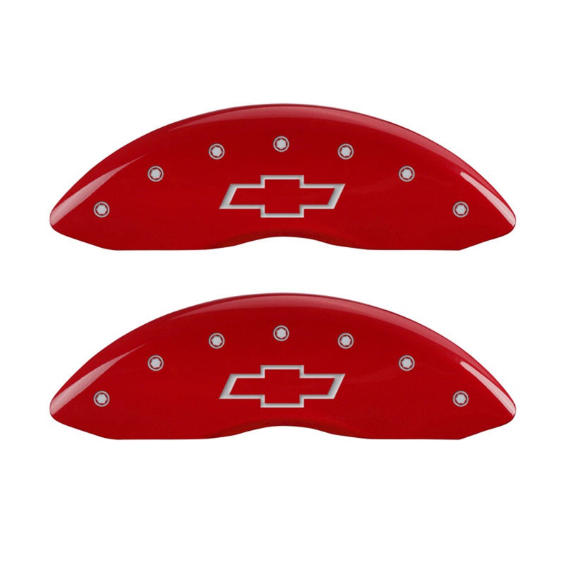 Front set 2 caliper covers, Engraved Front: Bowtie, Red powder coat finish, silver characters.