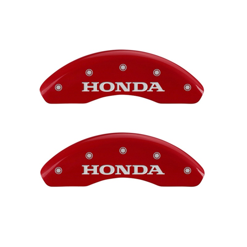Front set 2 caliper covers, Engraved Front: Honda, Red powder coat finish, silver characters.