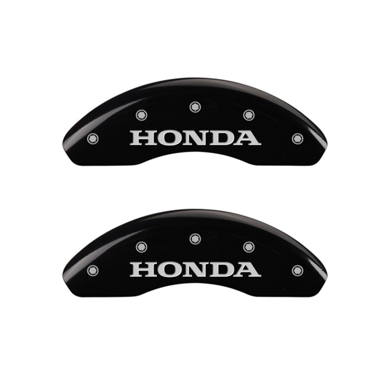 Front set 2 caliper covers, Engraved Front: Honda, Black powder coat finish, silver characters.