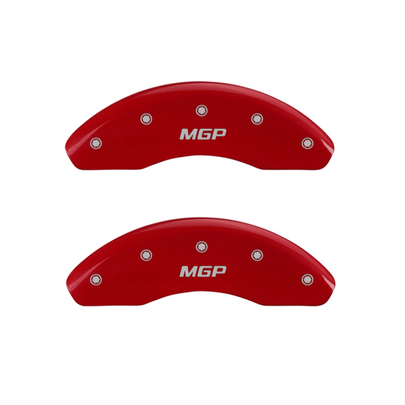 Front set 2 caliper covers, Engraved Front: MGP, Red powder coat finish, silver characters.