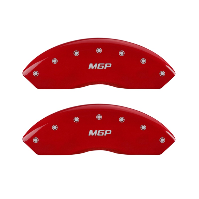Front set 2 caliper covers, Engraved Front: MGP, Red powder coat finish, silver characters.
