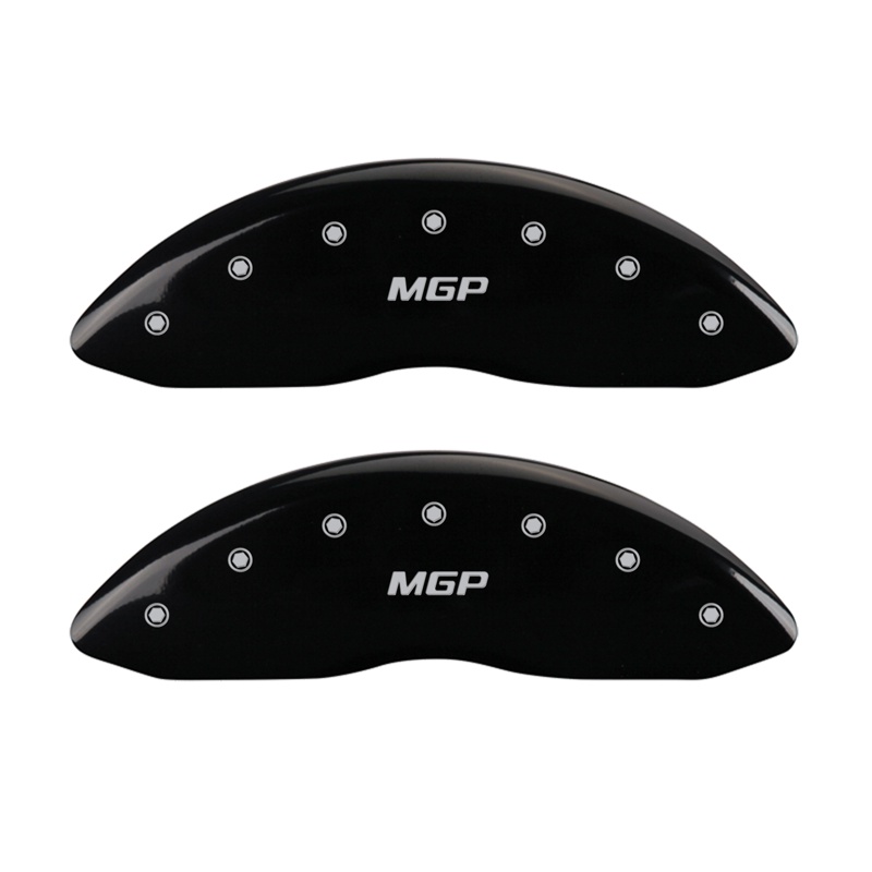 Front set 2 caliper covers, Engraved Front: MGP, Black powder coat finish, silver characters.