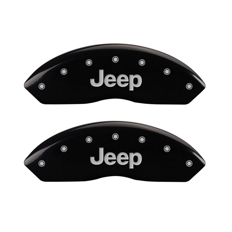 Front set 2 caliper covers, Engraved Front: JEEP, Black powder coat finish, silver characters.