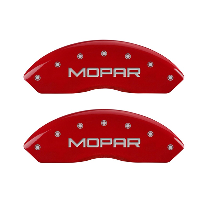Front set 2 caliper covers, Engraved Front: MOPAR, Red powder coat finish, silver characters.