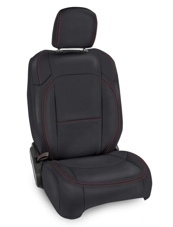 Front Seat Covers for Jeep Wrangler JL, 2 door; with Pocket Back (Pair) - Black with Red Stitching