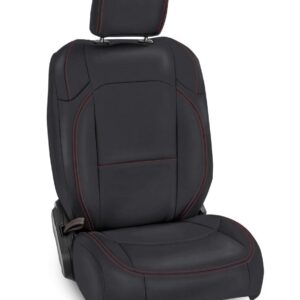 Front Seat Covers for Jeep Wrangler JLU, 4 door; Jeep Gladiator JT; with Pocket Back (Pair) -  Black with Red Stitching