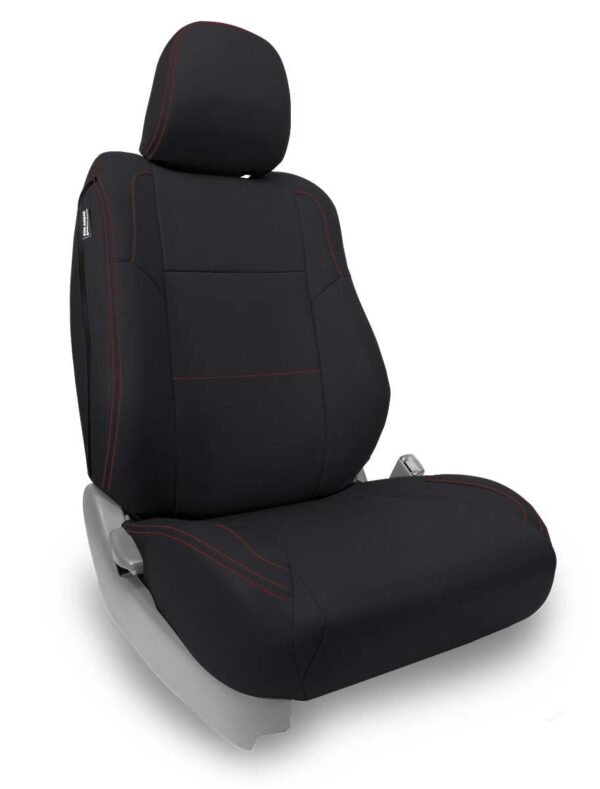 Front Seat Covers for '12-'15 Toyota Tacoma; Fold Flat Edition (Pair) - Black with Red Stitching