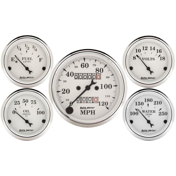 5 PC. GAUGE KIT, 3-1/8 in. & 2-1/16 in. , MECH. SPEEDOMETER, OLD TYME WHITE