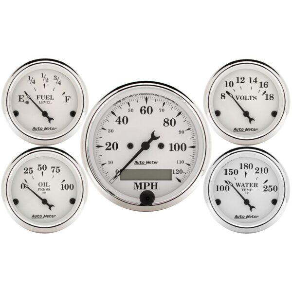5 PC. GAUGE KIT, 3-1/8 in. & 2-1/16 in. , ELEC. SPEEDOMETER, OLD TYME WHITE