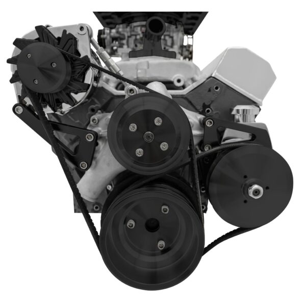 Small Block Chevy High Flow Serpentine Conversion; PS  ALT; Saginaw-Metric; BLK