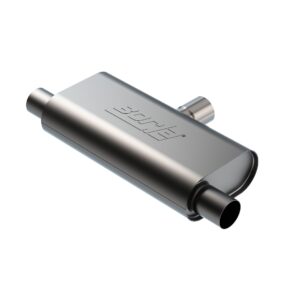 Specialty Muffler - T-Flow Design - Single 2.5 in. Inlet - Dual 2.5 in. Outlet 4.25 in. x 9.10 in. Oval x 18 in. Long Body