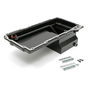 HAMBURGER'S PERFORMANCE PRODUCTS LS ENGINE SWAP OIL PAN; 67-69 CAMARO, 65-72 CHEVELLE, NOVA; -10AN STRAIGHT OIL LINE FITTINGS- BLACK FINISH