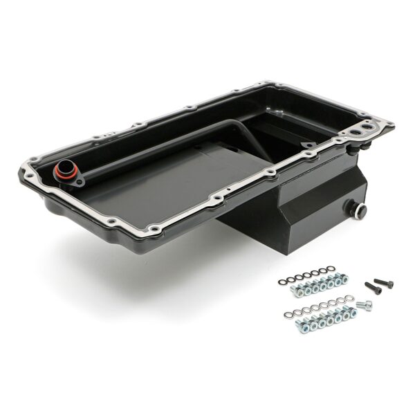 HAMBURGER'S PERFORMANCE PRODUCTS LS ENGINE SWAP OIL PAN; 67-69 CAMARO, 65-72 CHEVELLE, NOVA; -10AN STRAIGHT OIL LINE FITTINGS- BLACK FINISH