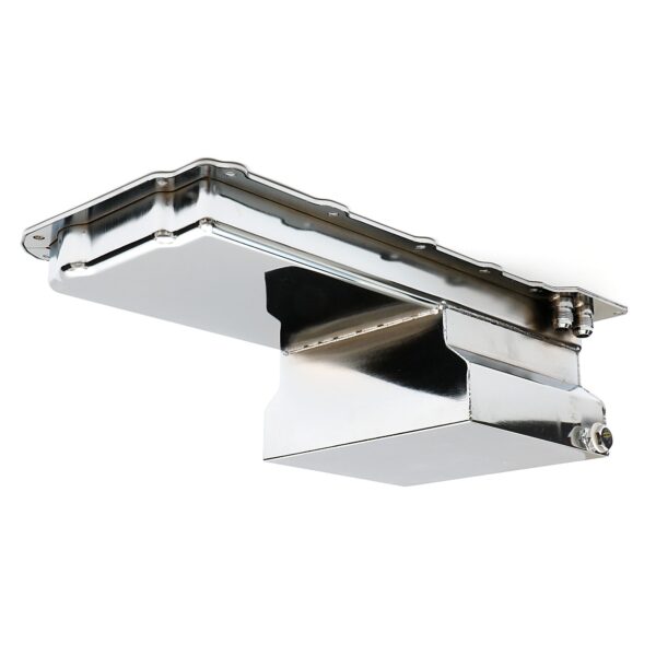 HAMBURGER'S PERFORMANCE PRODUCTS LS ENGINE SWAP OIL PAN; 67-69 CAMARO, 65-72 CHEVELLE, NOVA; -10AN STRAIGHT OIL LINE FITTINGS- CHROME FINISH