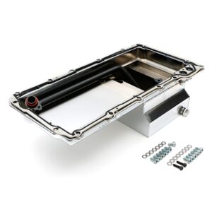 HAMBURGER'S PERFORMANCE PRODUCTS LS ENGINE SWAP OIL PAN; 67-69 CAMARO, 65-72 CHEVELLE, NOVA; -10AN STRAIGHT OIL LINE FITTINGS- CHROME FINISH