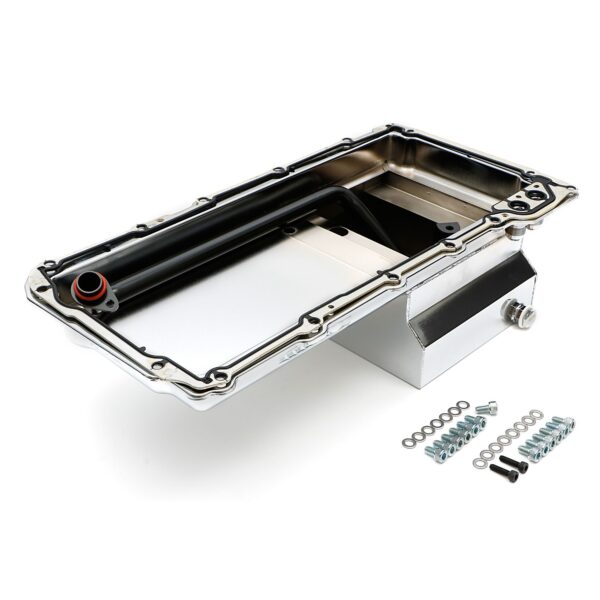 HAMBURGER'S PERFORMANCE PRODUCTS LS ENGINE SWAP OIL PAN; 67-69 CAMARO, 65-72 CHEVELLE, NOVA; -10AN STRAIGHT OIL LINE FITTINGS- CHROME FINISH
