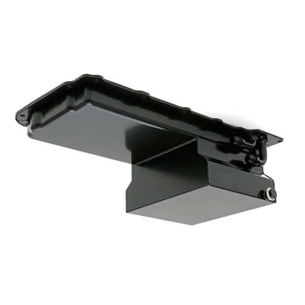 HAMBURGER'S PERFORMANCE PRODUCTS LS ENGINE SWAP OIL PAN; 67-69 CAMARO, 65-72 CHEVELLE, NOVA; -10AN 90 DEGREE OIL LINE FITTINGS- BLACK FINISH