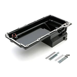 HAMBURGER'S PERFORMANCE PRODUCTS LS ENGINE SWAP OIL PAN; 67-69 CAMARO, 65-72 CHEVELLE, NOVA; -10AN 90 DEGREE OIL LINE FITTINGS- BLACK FINISH