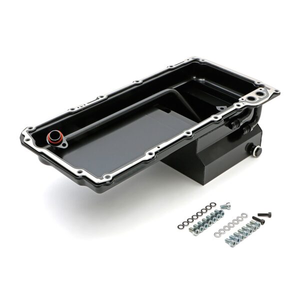 HAMBURGER'S PERFORMANCE PRODUCTS LS ENGINE SWAP OIL PAN; 67-69 CAMARO, 65-72 CHEVELLE, NOVA; -10AN 90 DEGREE OIL LINE FITTINGS- BLACK FINISH