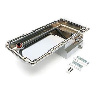 HAMBURGER'S PERFORMANCE PRODUCTS LS ENGINE SWAP OIL PAN; 67-69 CAMARO, 65-72 CHEVELLE, NOVA; -10AN 90 DEGREE OIL LINE FITTINGS- CHROME FINISH