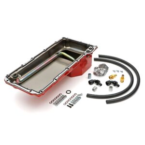 TRANS-DAPT PERFORMANCE PRODUCTS, LS SWAP ENGINE OIL PAN AND FILTER INTEGRATION COMBO KIT; FOR CLASSIC MUSCLE CAR AND TRUCK LS ENGINE SWAP PROJECTS; 5 QT. REAR SUMP STEEL OIL PAN AND CAST ALUMINUM, SINGLE, VERTICAL PORT OIL FILTER REMOTE RELOCATION KIT