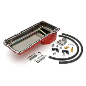 TRANS-DAPT PERFORMANCE PRODUCTS, LS SWAP ENGINE OIL PAN AND FILTER INTEGRATION COMBO KIT; FOR CLASSIC MUSCLE CAR AND TRUCK LS ENGINE SWAP PROJECTS; 5 QT. REAR SUMP STEEL OIL PAN AND CAST ALUMINUM, SINGLE, HORIZONTAL PORT OIL FILTER REMOTE RELOCATION KIT