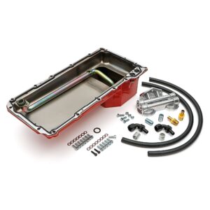 TRANS-DAPT PERFORMANCE PRODUCTS, LS SWAP ENGINE OIL PAN AND DOUBLE FILTER INTEGRATION COMBO KIT; FOR CLASSIC MUSCLE CAR AND TRUCK LS ENGINE SWAP PROJECTS; 5 QT. REAR SUMP STEEL OIL PAN AND CAST ALUMINUM, DOUBLE FILTER, HORIZONTAL PORT OIL FILTER REMOTE RELOCATION KIT