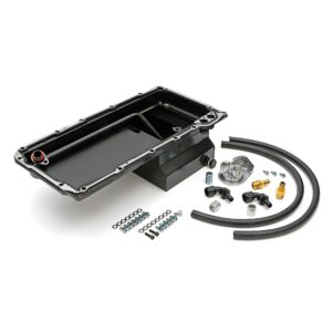 TRANS-DAPT PERFORMANCE PRODUCTS, LS SWAP ENGINE OIL PAN (BLACK PAN WITH KICKOUTS) AND FILTER INTEGRATION COMBO KIT; FOR CLASSIC MUSCLE CAR AND TRUCK LS ENGINE SWAP PROJECTS; 7 QT. REAR SUMP STEEL OIL PAN WITH DRIVER AND PASSENGER SIDE KICKOUTS, AND CAST ALUMINUM, SINGLE, VERTICAL PORT OIL FILTER REMOTE RELOCATION KIT