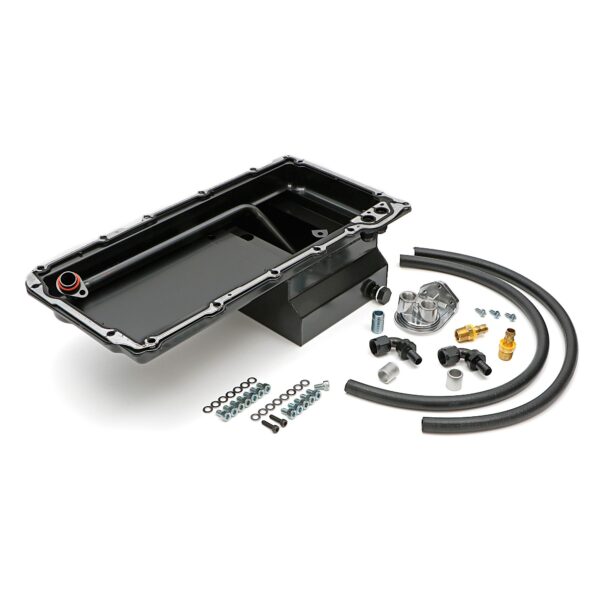 TRANS-DAPT PERFORMANCE PRODUCTS, LS SWAP ENGINE OIL PAN (BLACK PAN WITH KICKOUTS) AND FILTER INTEGRATION COMBO KIT; FOR CLASSIC MUSCLE CAR AND TRUCK LS ENGINE SWAP PROJECTS; 7 QT. REAR SUMP STEEL OIL PAN WITH DRIVER AND PASSENGER SIDE KICKOUTS, AND CAST ALUMINUM, SINGLE, VERTICAL PORT OIL FILTER REMOTE RELOCATION KIT