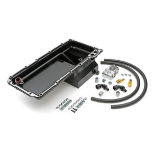 TRANS-DAPT PERFORMANCE PRODUCTS, LS SWAP ENGINE OIL PAN (BLACK PAN WITH KICKOUTS) AND FILTER INTEGRATION COMBO KIT; FOR CLASSIC MUSCLE CAR AND TRUCK LS ENGINE SWAP PROJECTS; 7 QT. REAR SUMP STEEL OIL PAN WITH DRIVER AND PASSENGER SIDE KICKOUTS, AND CAST ALUMINUM, SINGLE, HORIZONTAL PORT OIL FILTER REMOTE RELOCATION KIT