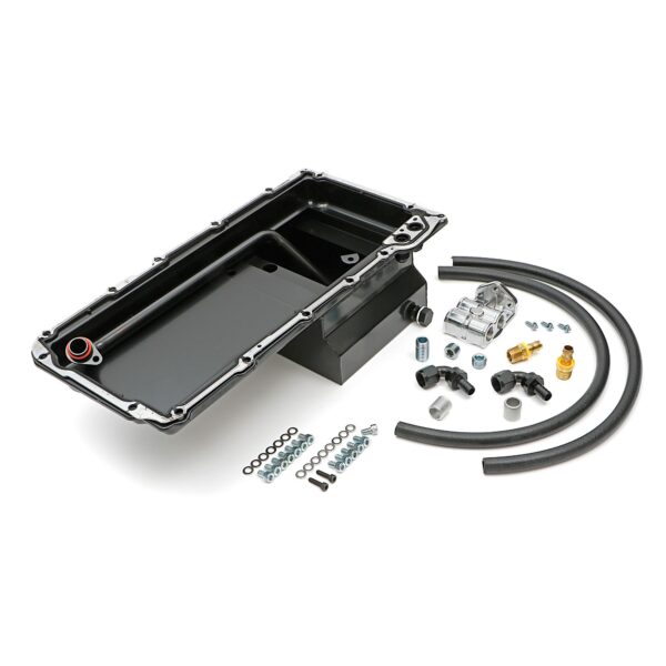 TRANS-DAPT PERFORMANCE PRODUCTS, LS SWAP ENGINE OIL PAN (BLACK PAN WITH KICKOUTS) AND FILTER INTEGRATION COMBO KIT; FOR CLASSIC MUSCLE CAR AND TRUCK LS ENGINE SWAP PROJECTS; 7 QT. REAR SUMP STEEL OIL PAN WITH DRIVER AND PASSENGER SIDE KICKOUTS, AND CAST ALUMINUM, SINGLE, HORIZONTAL PORT OIL FILTER REMOTE RELOCATION KIT