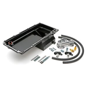 TRANS-DAPT PERFORMANCE PRODUCTS, LS SWAP ENGINE OIL PAN (BLACK PAN WITH KICKOUTS) AND DOUBLE FILTER INTEGRATION COMBO KIT; FOR CLASSIC MUSCLE CAR AND TRUCK LS ENGINE SWAP PROJECTS; 7 QT. REAR SUMP STEEL OIL PAN WITH DRIVER AND PASSENGER SIDE KICKOUTS, AND CAST ALUMINUM, DOUBLE, HORIZONTAL PORT OIL FILTER REMOTE RELOCATION KIT