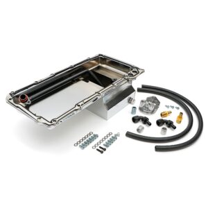 TRANS-DAPT PERFORMANCE PRODUCTS, LS SWAP ENGINE OIL PAN (CHROME PAN WITH KICKOUTS) AND FILTER INTEGRATION COMBO KIT; FOR CLASSIC MUSCLE CAR AND TRUCK LS ENGINE SWAP PROJECTS; 7 QT. REAR SUMP STEEL OIL PAN WITH DRIVER AND PASSENGER SIDE KICKOUTS, AND CAST ALUMINUM, SINGLE, VERTICAL PORT OIL FILTER REMOTE RELOCATION KIT