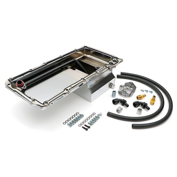 TRANS-DAPT PERFORMANCE PRODUCTS, LS SWAP ENGINE OIL PAN (CHROME PAN WITH KICKOUTS) AND FILTER INTEGRATION COMBO KIT; FOR CLASSIC MUSCLE CAR AND TRUCK LS ENGINE SWAP PROJECTS; 7 QT. REAR SUMP STEEL OIL PAN WITH DRIVER AND PASSENGER SIDE KICKOUTS, AND CAST ALUMINUM, SINGLE, VERTICAL PORT OIL FILTER REMOTE RELOCATION KIT