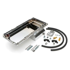 TRANS-DAPT PERFORMANCE PRODUCTS, LS SWAP ENGINE OIL PAN (CHROME PAN WITH KICKOUTS) AND FILTER INTEGRATION COMBO KIT; FOR CLASSIC MUSCLE CAR AND TRUCK LS ENGINE SWAP PROJECTS; 7 QT. REAR SUMP STEEL OIL PAN WITH DRIVER AND PASSENGER SIDE KICKOUTS, AND CAST ALUMINUM, SINGLE, HORIZONTAL PORT OIL FILTER REMOTE RELOCATION KIT