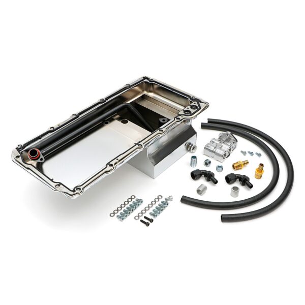 TRANS-DAPT PERFORMANCE PRODUCTS, LS SWAP ENGINE OIL PAN (CHROME PAN WITH KICKOUTS) AND FILTER INTEGRATION COMBO KIT; FOR CLASSIC MUSCLE CAR AND TRUCK LS ENGINE SWAP PROJECTS; 7 QT. REAR SUMP STEEL OIL PAN WITH DRIVER AND PASSENGER SIDE KICKOUTS, AND CAST ALUMINUM, SINGLE, HORIZONTAL PORT OIL FILTER REMOTE RELOCATION KIT