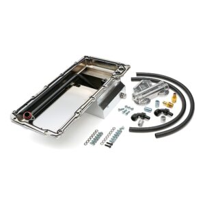 TRANS-DAPT PERFORMANCE PRODUCTS, LS SWAP ENGINE OIL PAN (CHROME PAN WITH KICKOUTS) AND DOUBLE FILTER INTEGRATION COMBO KIT; FOR CLASSIC MUSCLE CAR AND TRUCK LS ENGINE SWAP PROJECTS; 7 QT. REAR SUMP STEEL OIL PAN WITH DRIVER AND PASSENGER SIDE KICKOUTS, AND CAST ALUMINUM, DOUBLE, HORIZONTAL PORT OIL FILTER REMOTE RELOCATION KIT