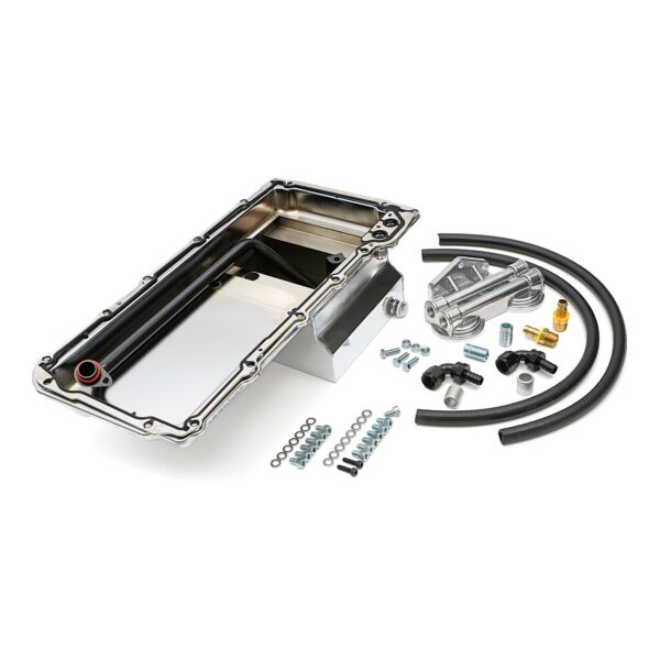 TRANS-DAPT PERFORMANCE PRODUCTS, LS SWAP ENGINE OIL PAN (CHROME PAN WITH KICKOUTS) AND DOUBLE FILTER INTEGRATION COMBO KIT; FOR CLASSIC MUSCLE CAR AND TRUCK LS ENGINE SWAP PROJECTS; 7 QT. REAR SUMP STEEL OIL PAN WITH DRIVER AND PASSENGER SIDE KICKOUTS, AND CAST ALUMINUM, DOUBLE, HORIZONTAL PORT OIL FILTER REMOTE RELOCATION KIT
