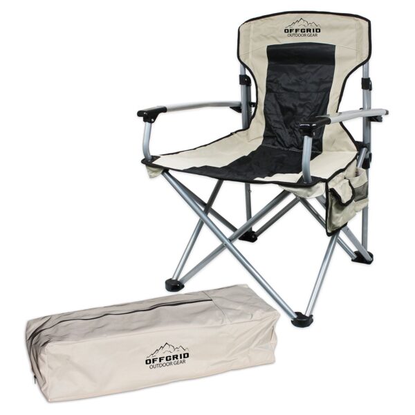 OFFGRID - 100000-130200 - Folding Camping Chairs Tan/Black Nylon - Heavy Duty XL Locking Folding Camping Chair With Drink Holder