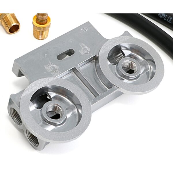 TRANS-DAPT PERFORMANCE PRODUCTS DUAL OIL FILTER RELOCATION KIT FOR LS OIL PANS WITH-10AN FITTINGS- CAST ALUMINUM
