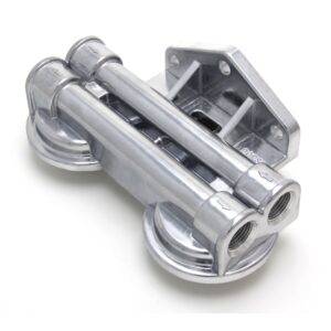 TRANS-DAPT PERFORMANCE PRODUCTS DUAL OIL FILTER RELOCATION BRACKET; I.D. AND O.D. FILTER FLANGE; 3/4 IN.-16 THREAD SIZE