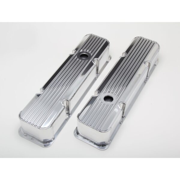 HAMBURGER'S PERFORMANCE PRODUCTS FABRICATED ALUMINUM VALVE COVERS WITHFINS; CHEVY SB 238-400; 1958-86; WITH HOLES- POLISHED ALUMINUM