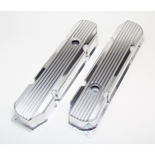HAMBURGER'S PERFORMANCE PRODUCTS FABRICATED ALUMINUM VALVE COVERS WITHFINS; MOPAR BB V8 383-426-440; 1958-88; WITH HOLES- POLISHED ALUMINUM