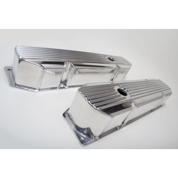 HAMBURGER'S PERFORMANCE PRODUCTS FABRICATED ALUMINUM VALVE COVERS WITHFINS; MOPAR BB V8 383-426-440; 1958-88; WITH HOLES- POLISHED ALUMINUM
