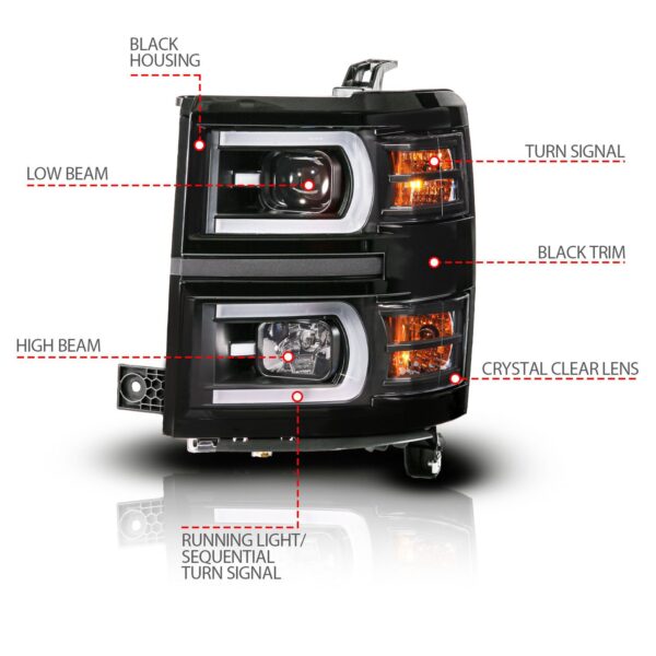 Black Housing Dual Switchback+Sequential LED Tube Square Projector Headlights