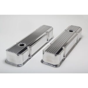 HAMBURGER'S PERFORMANCE PRODUCTS FABRICATED ALUMINUM VALVE COVERS WITH FINS; PONTIAC 326-455 V8; 1959-79; WITH HOLES- CHROME/ALUMINUM