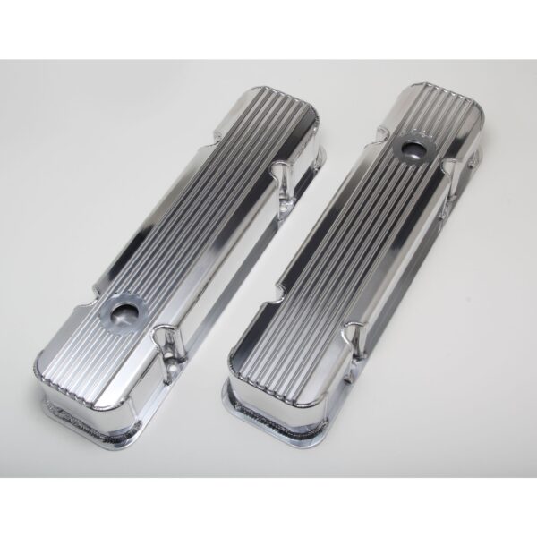 HAMBURGER'S PERFORMANCE PRODUCTS FABRICATED ALUMINUM VALVE COVERS WITH FINS; PONTIAC 326-455 V8; 1959-79; WITH HOLES- CHROME/ALUMINUM